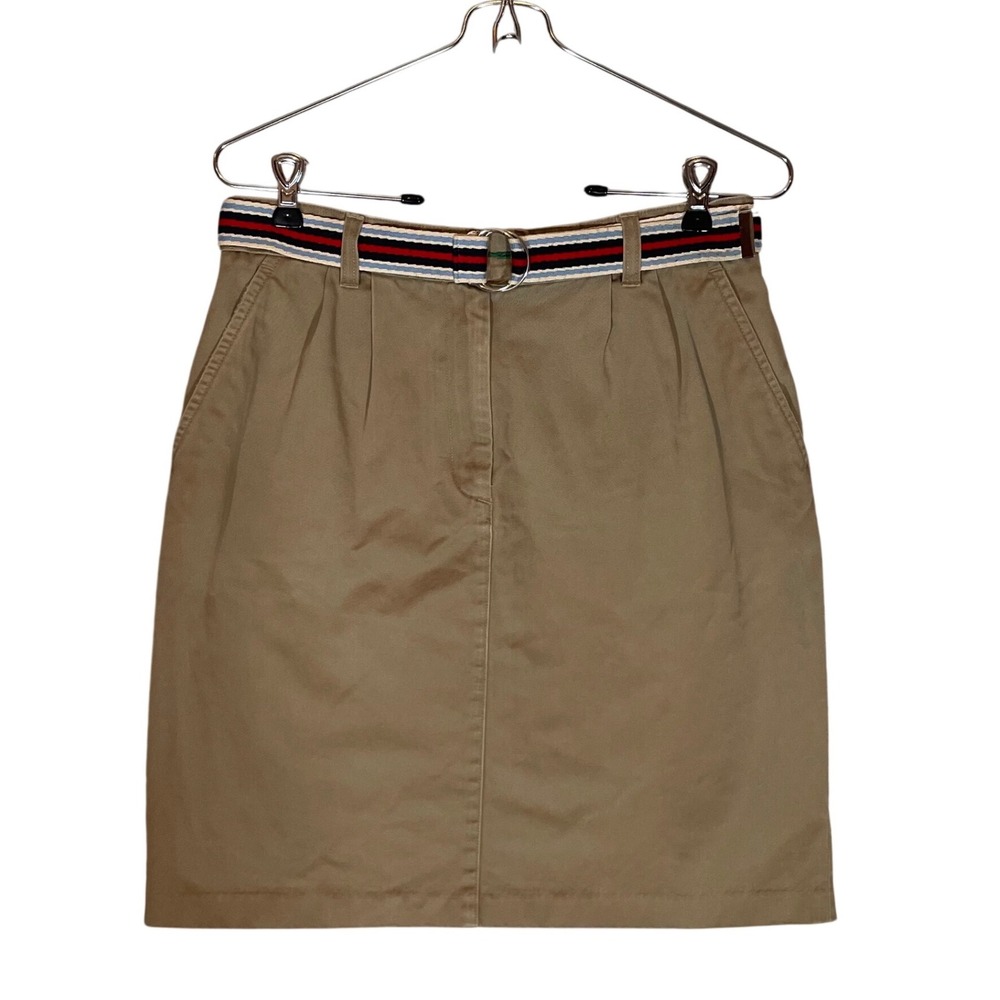 Americana Tommy Hilfiger Khaki Chino Skirt 10 Tan Cotton Pleated Belted VTG 90s